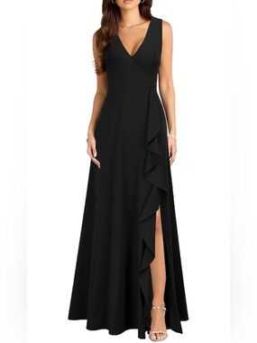 NWT Black Chiffon Corset Back Formal Gown Ruffle Slit Maxi Dress Size 2